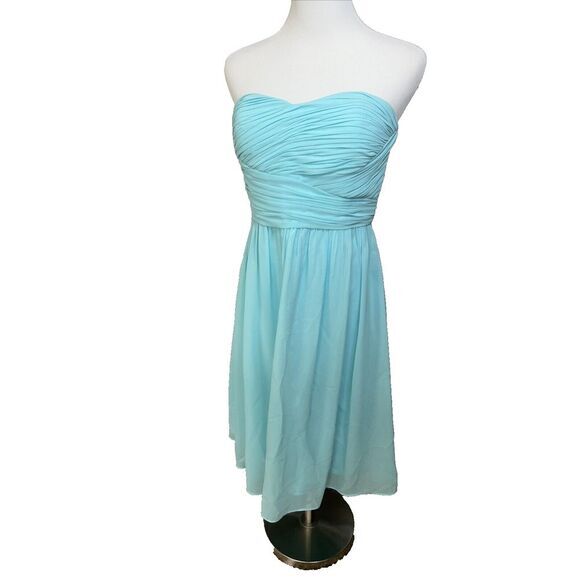 Donna Morgan Strapless Dress SZ 6 Ice Blue‎ Empire Waist Bridesmaid Midi Prom - Picture 1 of 10